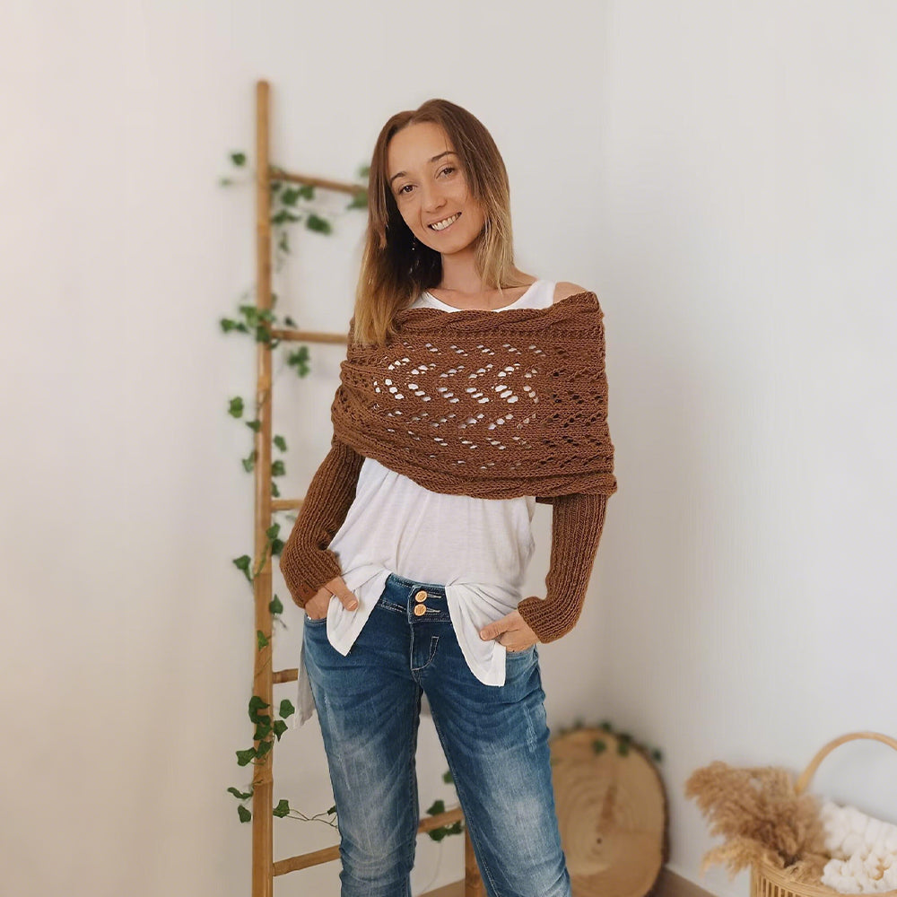 🧶 Hand-Knitted Scarf With Sleeves – Boho Knit Wrap & Shrug Cardigan