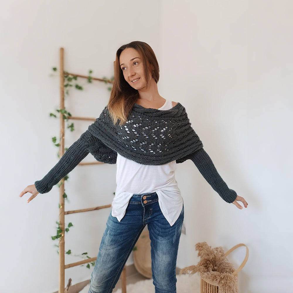 🧶 Hand-Knitted Scarf With Sleeves – Boho Knit Wrap & Shrug Cardigan