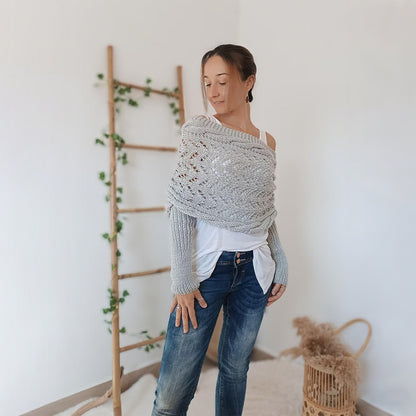 🧶 Hand-Knitted Scarf With Sleeves – Boho Knit Wrap & Shrug Cardigan