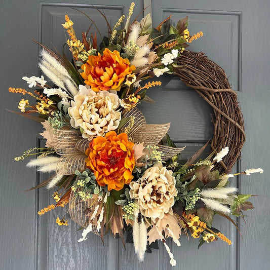 Handcrafted Burgundy Peony Hydrangea Wreath – 16"