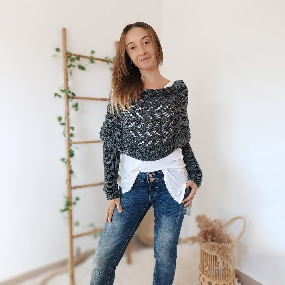 🧶 Hand-Knitted Scarf With Sleeves – Boho Knit Wrap & Shrug Cardigan