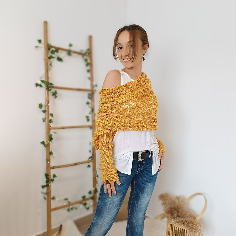 🧶 Hand-Knitted Scarf With Sleeves – Boho Knit Wrap & Shrug Cardigan