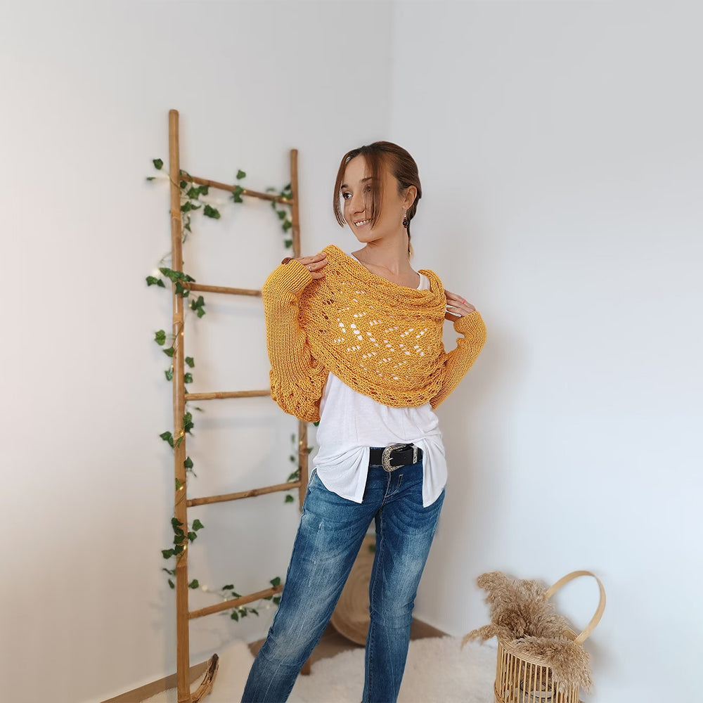 🧶 Hand-Knitted Scarf With Sleeves – Boho Knit Wrap & Shrug Cardigan