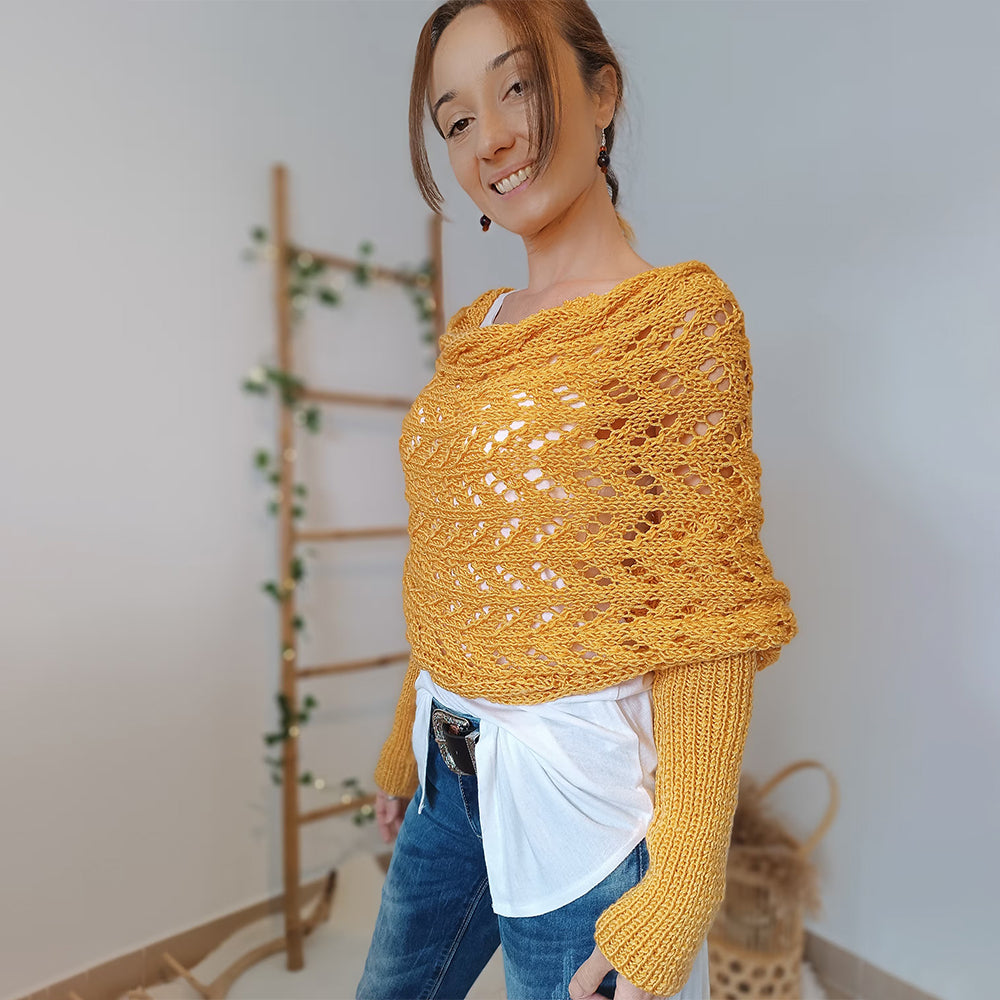 🧶 Hand-Knitted Scarf With Sleeves – Boho Knit Wrap & Shrug Cardigan