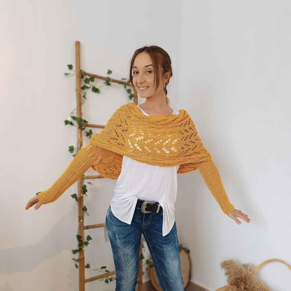 🧶 Hand-Knitted Scarf With Sleeves – Boho Knit Wrap & Shrug Cardigan