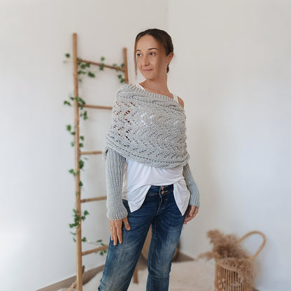 🧶 Hand-Knitted Scarf With Sleeves – Boho Knit Wrap & Shrug Cardigan